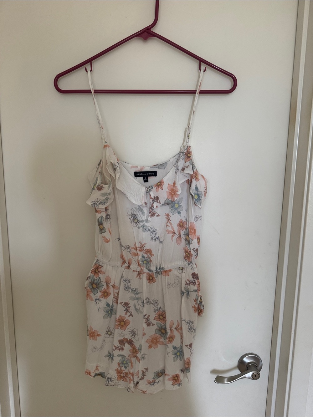 Kendall & Kylie White Floral Ruffle Cami Romper with Peach & Light Blue Blooms